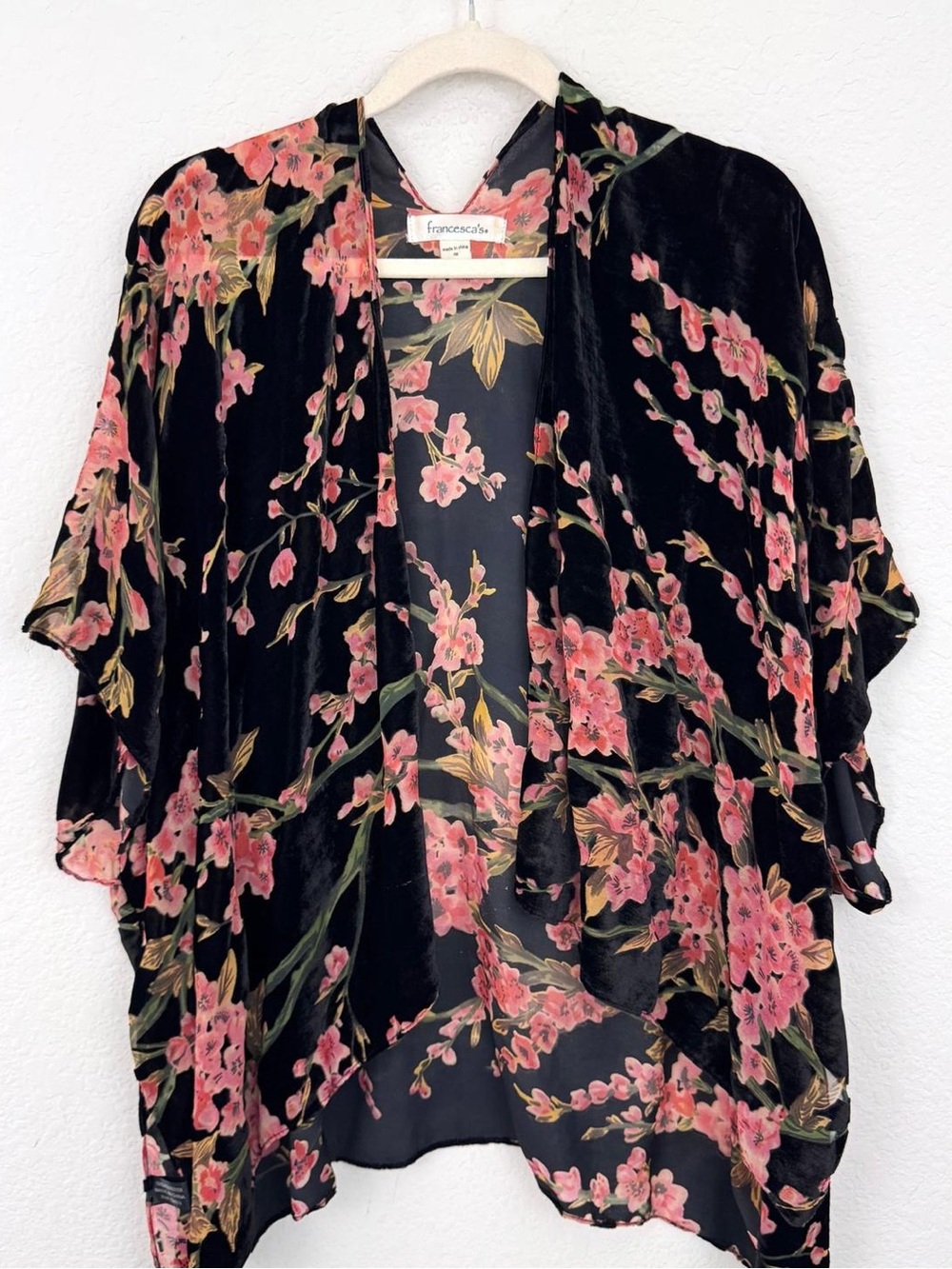 Burnout Black Velvet Floral Kimono with Pink Cherry Blossoms